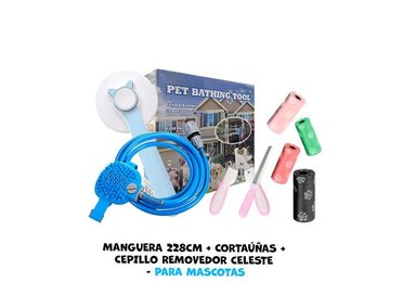 MANGUERA BAÑO PERRO + CORTAUÑAS CEPILLO REMOVEDOR CELESTE