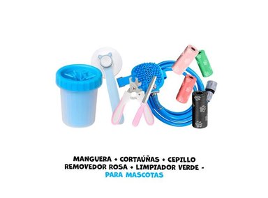 MANGUERA BAÑO PERRO + CORTAUÑAS CEPILLO REMOVEDOR CELESTE LIMPIADOR AZUL