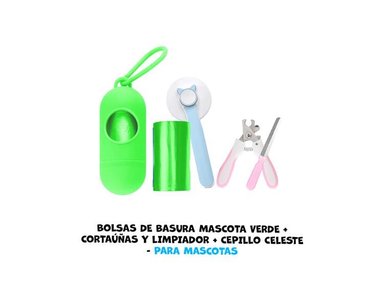 BOLSA BASURA PERRO MASCOTA VERDE + CORTAUÑAS Y LIMPIADOR CEPILLO CELESTE