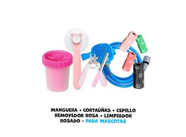 MANGUERA BAÑO PERRO + CORTAUÑAS CEPILLO REMOVEDOR ROSA LIMPIADOR ROSADO