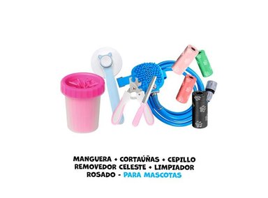 MANGUERA BAÑO PERRO + CORTAUÑAS CEPILLO REMOVEDOR CELESTE LIMPIADOR ROSADO