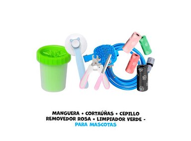 MANGUERA BAÑO PERRO + CORTAUÑAS CEPILLO REMOVEDOR CELESTE LIMPIADOR VERDE