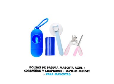BOLSA BASURA PERRO MASCOTA AZUL + CORTAUÑAS Y LIMPIADOR CEPILLO CELESTE