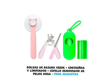 BOLSA BASURA PERRO VERDE + CORTAUÑAS Y LIMPIADOR CEPILLO REMOVEDOR PELOS ROSA