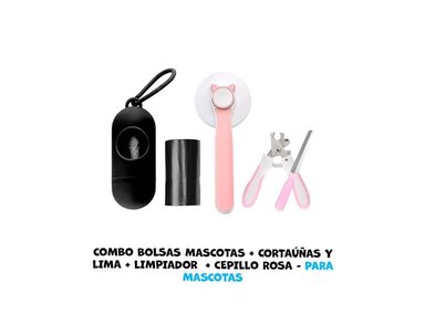 BOLSA BASURA PERRO COMBO MASCOTAS + CORTAUÑAS Y LIMA + LIMPIADOR CEPILLO ROSA