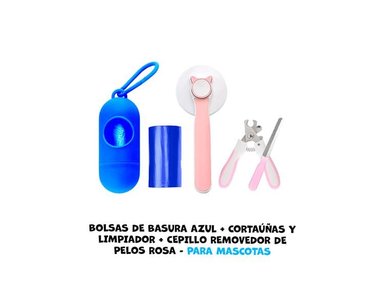 BOLSA BASURA PERRO AZUL + CORTAUÑAS Y LIMPIADOR CEPILLO REMOVEDOR PELOS ROSA
