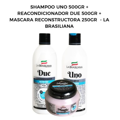 SHAMPOO UNO LA BRASILIANA 500G + REACONDICIONADOR DUE 500G + MASCARA RECONSTRUCTORA 250G - 1