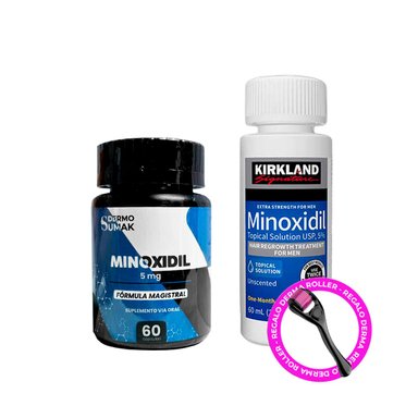 COMBO MINOXIDIL CAP 5M + MINOXIDIL LÍQUIDO KIRKLAND + DERMAROLLER