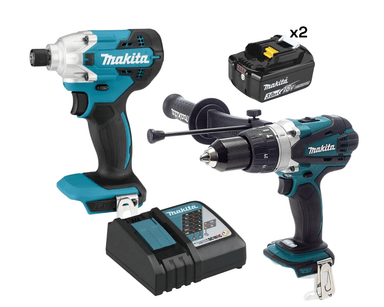 ATORNILLADOR DE IMPACTO DTD156 + TALADRO PERCUTOR DHP458 + 2 BAT 18V BL1830B + CARG RÁPIDO DC18RC - MAKITA - 1