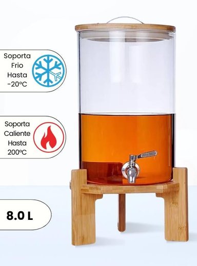 DISPENSADOR 8.0 L AGUA BOROSILICATO CON BASE MADERA TRANSPARENTE