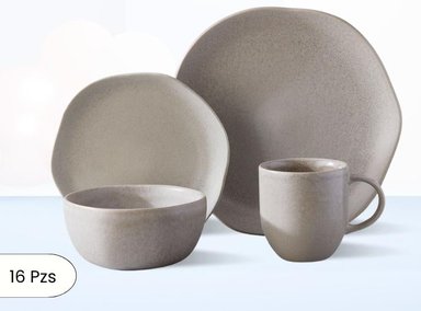 JUEGO VAJILLA CORONA COCRETO REACTIVO GRIS LOZA 16 PIEZAS