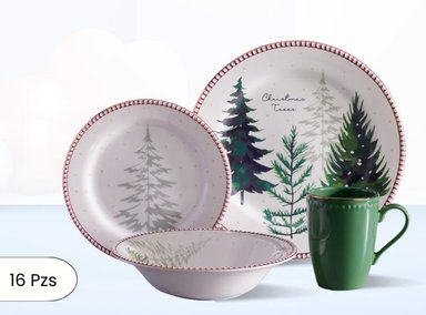 JUEGO VAJILLA CORONA CHRISTMAS TREES LOZA 16 PIEZAS