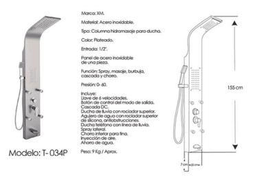 COLUMNA HIDROMASAJE PARA DUCHA XM T-034P ACERO INOXIDABLE PLATEADO - 2