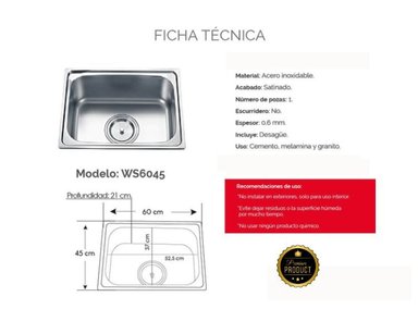 MUEBLE LAVAPLATOS XM WS6045 LAVADERO COCINA 1 POZA 60 CM X 45 CM SATINADO ACERO INOXIDABLE - 2
