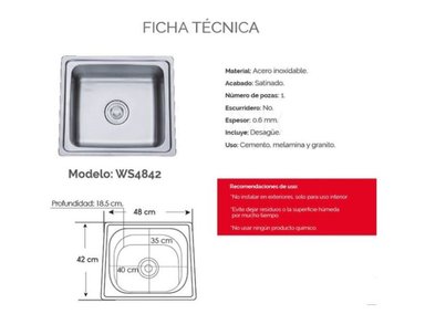 MUEBLE LAVAPLATOS XM XM4842 LAVADERO COCINA 1 POZA 48 CM X 42 CM SATINADO ACERO INOXIDABLE - 2