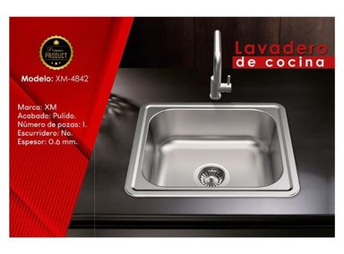 MUEBLE LAVAPLATOS XM XM4842 LAVADERO COCINA 1 POZA 48 CM X 42 CM SATINADO ACERO INOXIDABLE - 3