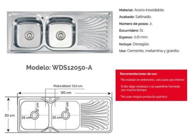 MUEBLE LAVAPLATOS XM LAVADERO COCINA 2 POZAS ESCURRIDERO 120 CM X 50 CM ACERO INOXIDABLE - 3