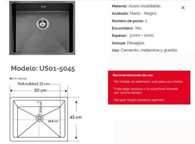 MUEBLE LAVAPLATOS XM US01-5045 NEGRO LAVADERO LUJO COCINA 1 POZA 50 CM X 45 CM NANO 5045 ACERO INOXIDABLE - 3
