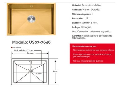 LAVADERO DE LUJO PAREA COCINA 1 POZA 76 CM X 46 CM DORADO ACERO INOXIDABLE - 3