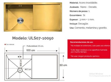 MUEBLE LAVAPLATOS XM ULS07-10050 DORADO LAVADERO LUJO COCINA 100 CM X 50 CM ACERO INOXIDABLE - 3