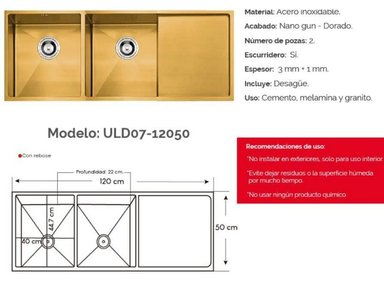 MUEBLE LAVAPLATOS XM ULD07-12050 DORADO LAVADERO LUJO COCINA 120 CM X 50 CM ACERO INOXIDABLE - 4