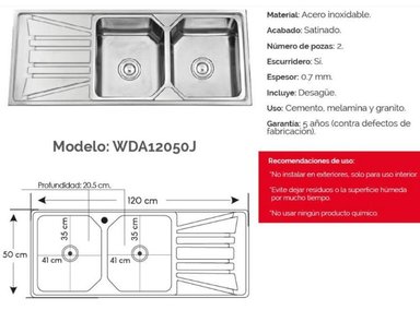 MUEBLE LAVAPLATOS XM WDA12050J PLATEADO LAVADERO COCINA 2 POZAS ESCURRIDERO 120 CM X 50 CM ACERO INOXIDABLE - 3