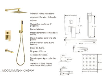 LLAVES MÁS MEZCLADORA PARA DUCHA XM ACERO INOXIDABLE DORADO MT304- 010D707 - 2