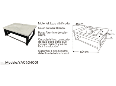 LAVABO YAC604001 LOZA VITRIFICADA DE 60 X 40 CM BLANCO CON SOPORTE NEGRO - 3