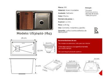 LAVADERO DE COCINA DE LUJO US30402-7843 ACERO INOXIDABLE PLOMO - 3