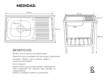 LAVADERO MUEBLE DE COCINA CON ESCURRIDERO 75CM X 45CM - 4