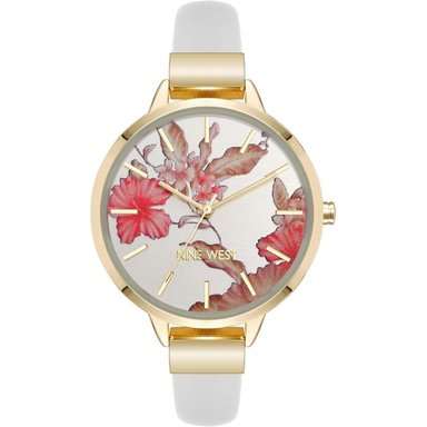 NINE WEST NW-2044FLBY RELOJ CON ESFERA DECORADA Y CORREA LISA PARA MUJER | BLANCO/DORADO