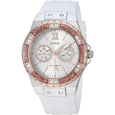 GUESS RELOJ DE SILICONA RESISTENTE A LAS MANCHAS DE ACERO INOXIDABLE PARA MUJER | ORO ROSA - BLANCO