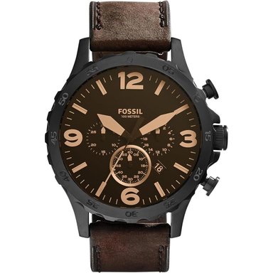 FOSSIL JR1401 RELOJ PARA HOMBRE NATE CRONÓGRAFO DE ACERO INOXIDABLE | NEGRO/CUERO MARRON