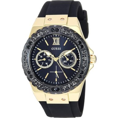 GUESS RELOJ DE SILICONA RESISTENTE A LAS MANCHAS DE ACERO INOXIDABLE PARA MUJER | ORO - NEGRO
