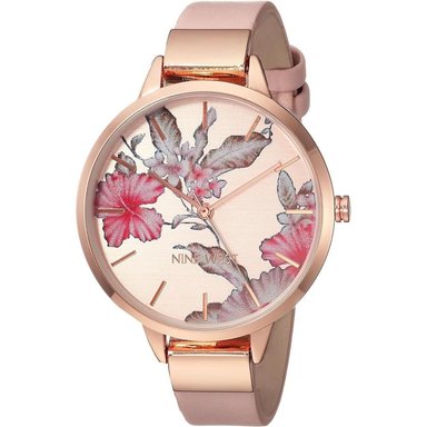 NINE WEST NW-2044FLBY RELOJ CON ESFERA DECORADA Y CORREA LISA PARA MUJER | ROSADO/ORO ROSA