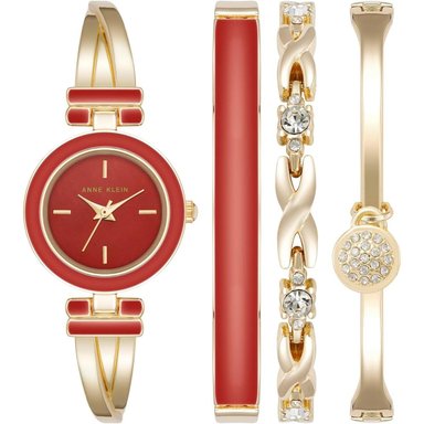 ANNE KLEIN AK/3284RDST SET PARA MUJER: RELOJ CON CRISTALES Y PULSERAS | DORADO/ROJO