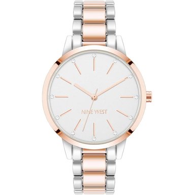 NINE WEST 	NW/2099SVRT RELOJ ELEGANTE PARA DAMA CON ESFERA FLORAL | PLATA MATE/ORO ROSA