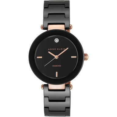 ANNE KLEIN AK/1018RGRD RELOJ PARA MUJER DE CERÁMICA CON DIAMANTE AUTÉNTICO | NEGRO/ORO ROSA
