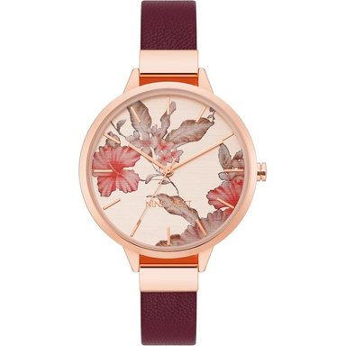 NINE WEST NW-2044FLBY RELOJ CON ESFERA DECORADA Y CORREA LISA PARA MUJER | ORO ROSA/BORGOÑA