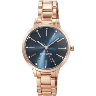 NINE WEST NW/2098CHGB RELOJ ELEGANTE PARA DAMA CON ESFERA FLORAL | AZUL MARINO/ORO ROSA