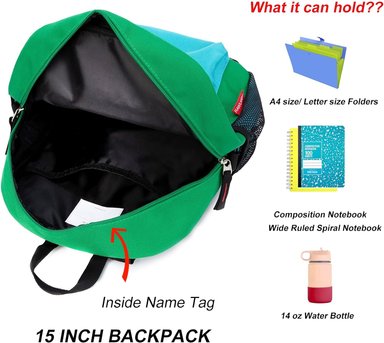MOCHILA PARA NIÑOS PEQUEÑOS, BOLSO ESCOLAR PARA NIÑOS DE 3 A 6 AÑOS DE EDAD, 15 PULGADAS, FORRO POLAR VERDE - 5