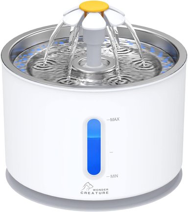 WONDER CREATURE FUENTE DE AGUA CON TAPA DE ACERO INOXIDABLE, FUENTE DE 2,4 L CON LUZ LED Y VENTANA DE NIVEL DE AGUA PARA MASCOTAS