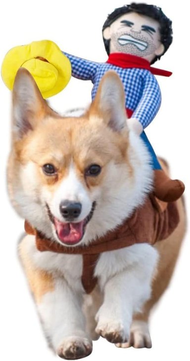 ISMARTEN DISFRAZ DE MASCOTA PARA PERRO, TRAJE DE VAQUERO ESTILO JINETE CON MUÑECA Y SOMBRERO - TALLA M