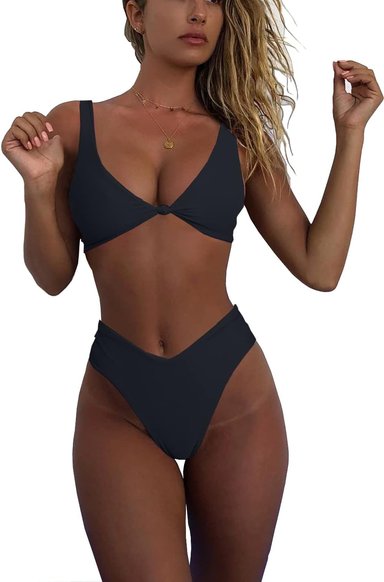 GELUBOAO CONJUNTO DE BIKINI PARA MUJER, CUELLO EN V, NUDO FRONTAL, PUSH UP, TANGA DE PIERNA ALTA, TRAJE DE BAÑO DE DOS PIEZAS - 2