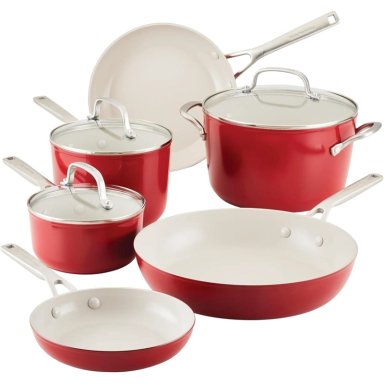 KITCHENAID JUEGO OLLAS Y SARTENES CERÁMICA ANODIZADA DURA 9 PIEZAS | ROJO