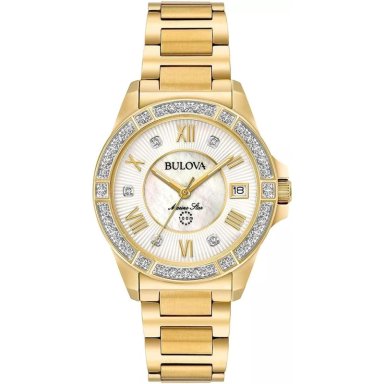 BULOVA RELOJ MARINE STAR MUJER SERIE L CUARZO 3 AGUJAS FECHA DÍA Y DIAMANTES | DORADO