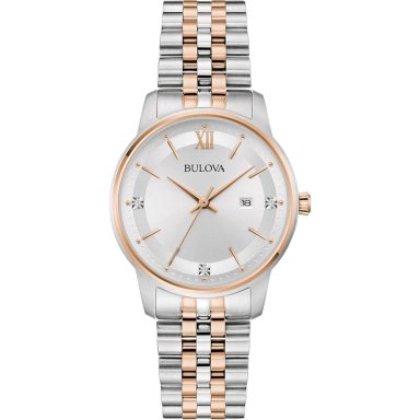 BULOVA RELOJ CLÁSICO DE CUARZO DE MUJER 3 AGUJAS DIAMANTES ACERO INOXIDABLE | PLATA/ORO ROSA