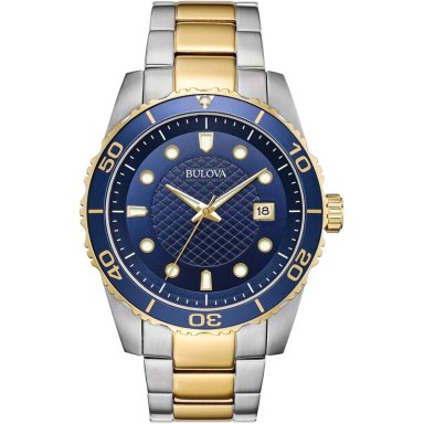 BULOVA RELOJ CLÁSICO BICOLOR ACERO INOXIDABLE CUARZO 3 AGUJAS CALENDARIO | ORO/PLATA/AZUL