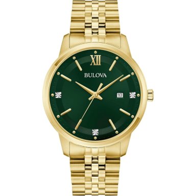 BULOVA RELOJ CLÁSICO HOMBRE CUARZO 3 AGUJAS DIAMANTES FECHA BRAZALETE ACERO | ORO/VERDE