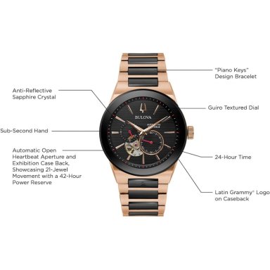 BULOVA RELOJ LATIN GRAMMY MODERN MILLENIA HOMBRE AUTOMÁTICO 3 AGUJAS APERTURA | NEGRO/ORO ROSA - 5